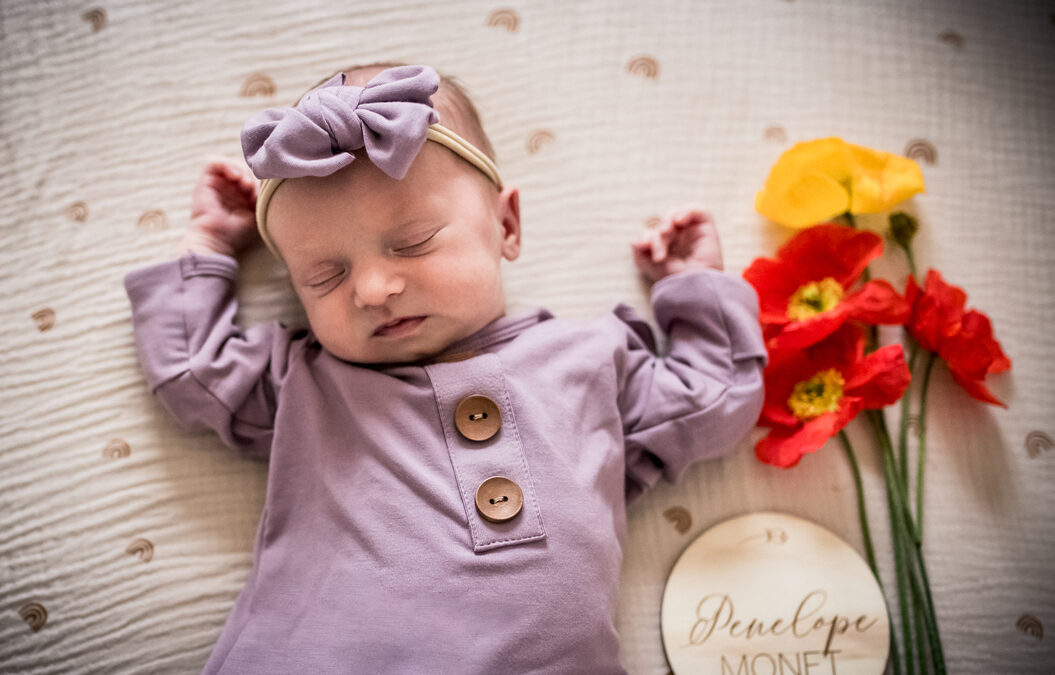 Sleeping newborn and poppies during a babies and flower photo session in Culver city with Newborn and maternity photographer and videographer Diana Hinek for Dear Birth